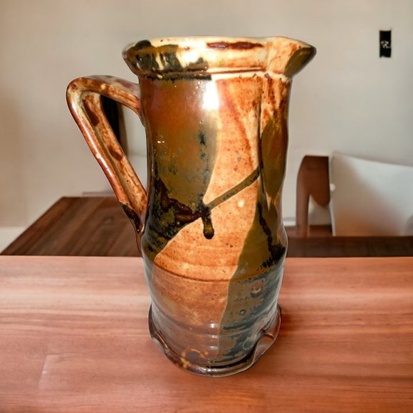 Primitive Studio Art Pottery Jug Pitcher Brutalist Art Brown Gold Decorative - Picture 1 of 9